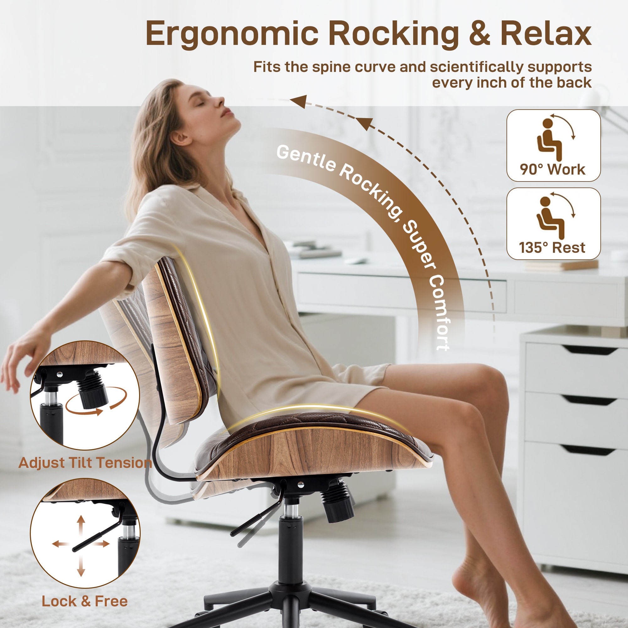 Armless Office Chair With Wheels, Adjustable Height Mid Back Small Desk Chair, Modern Walnut Bentwood Back, PU Leather Swivel Rolling Computer Task Chair For Home Office, Meeting Room, Study, Set Of 1_voghion.com